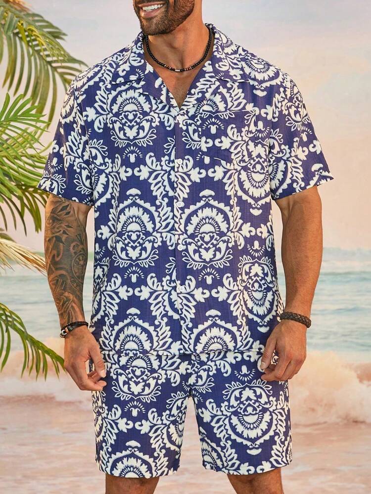 Men's Plus Size Vacation Beach Allover Print Short Sleeve Shirt And Shorts Set