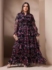 Voworia Plus Size Summer Elegant Floral Print Ruffle Hem Dress - Black - View 3