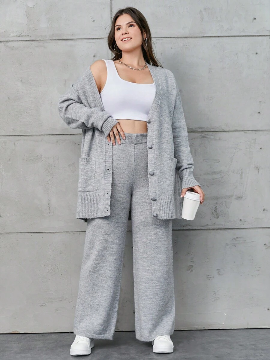 SHEIN Cottnline Plus Sıze Co Ords Wit Cardigan - Grey - View 1