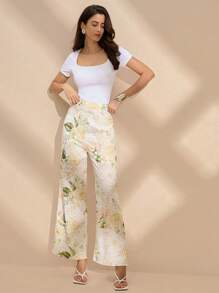 Anewsta Women's Random Plant Printed Simple Daily Long Pants - Apricot - View 4