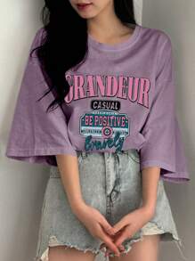 DAZY 女士夏季圆领落肩宽松休闲T恤，字母印花图案T恤，超大T恤，学院风上衣