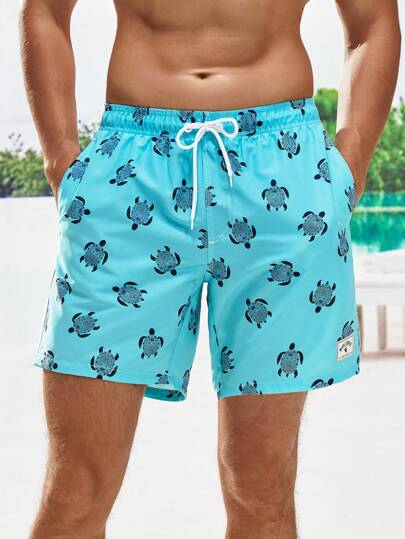 Bóxer de baño para hombre con estampado de tortuga, detalle de parche con letra y cintura con cordón, hawaiano