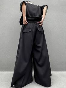 Manfinity Roghcode 男士纯色简约日常款阔腿裤，纯色街头潮流长款超大黑色裤子，适合送给老公、男朋友的礼物，适合秋季 - 黑色 - 查看 2