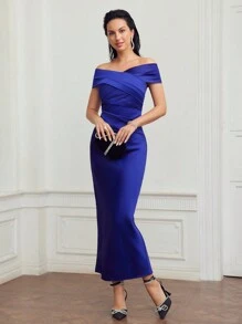 MOTF PREMIUM OFF SHOULDER CROSS WRAP SLIM FIT EVENING DRESS,SPRING/SUMMER - Blue - View 2