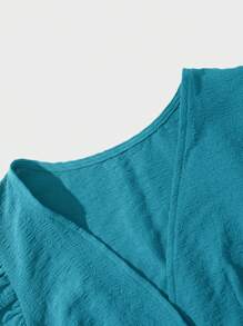 SHEIN Clasi 女士时尚深V纯色修身连衣裙，带荷叶袖 - 藍色 - 查看 6