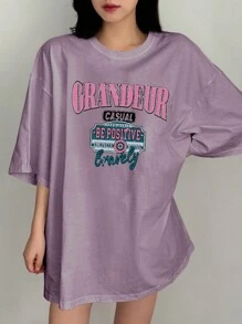 DAZY 女士夏季圆领落肩宽松休闲T恤，字母印花图案T恤，超大T恤，学院风上衣