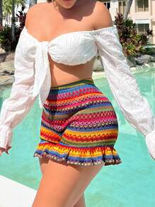 SHEIN SXY Colorido Shorts de crochet con dobladillo con volantes perfectos para vacaciones y atuendo de verano informal y atractivo para mujeres en la playa con estilo bohemio y colorido