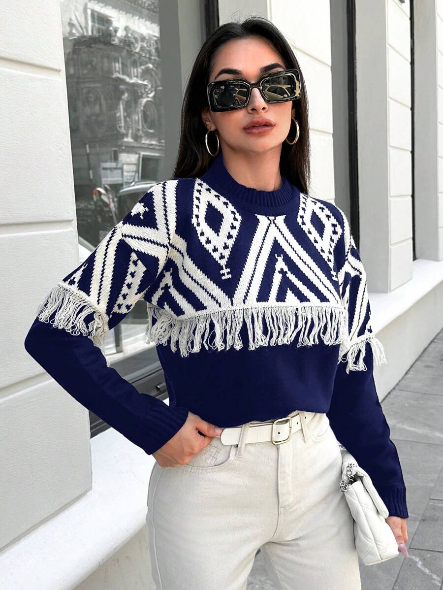 EURMUSE Geo Pattern Fringe Trim Drop Shoulder Sweater - Navy Blue - View 1