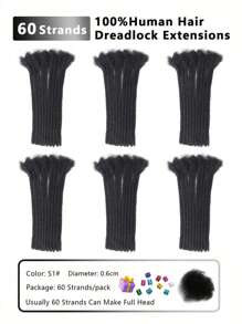 Tóc tết không thắt nút làm thủ công bằng tóc thật Dreadlock kích thước bút chì, 60 lọn tóc, tóc nối dài 4 inch đến 8 inch, màu đen dành cho nam/nữ, tóc tết móc bằng tóc thật theo phong cách Boho - S1 - Xem 2
