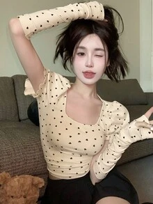 女士心形印花方领短袖短款 T 恤 - 杏色 - 查看 2