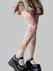 ROMWE Goth 1pair Women's White Asymmetrical Ripped Fishnet Stockings, All Seasons - White - View 4