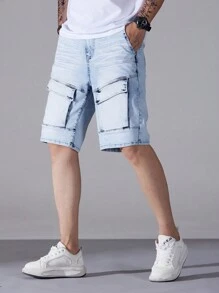 Manfinity Homme 男士休閒牛仔短褲，口袋設計，及膝長度 - 藍色 - 查看 5