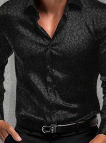 Men Solid Jacquard Button-Down Long Sleeve Shirt, Fall - Black - View 4