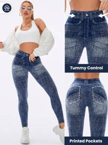 Easithlete Women's Denim Effect Printed Workout Leggings - Blue - View 2