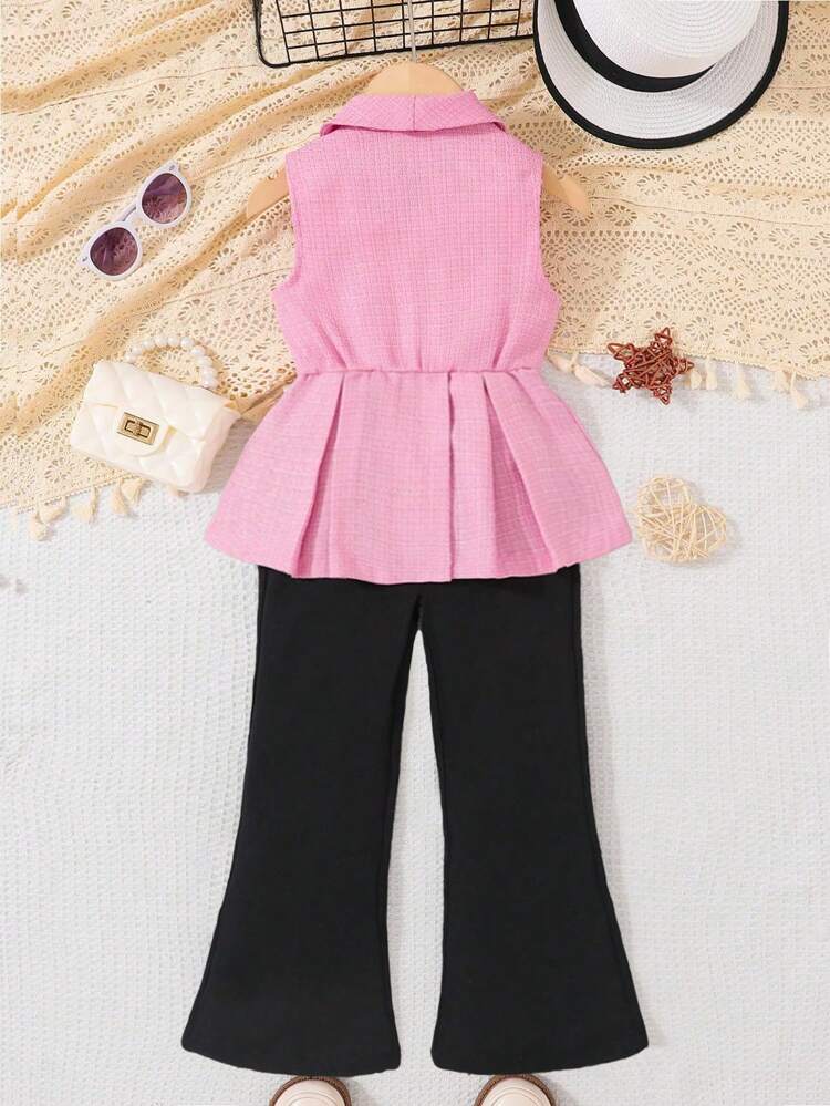 Young Girl Mexican Pink Fabric Sleeveless Top With Buttons And Hand-Pleated Skirt Hem Black Flare Jumpsuit For Summer