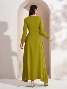 Women's V-Neck Lace Up Elegant Long Sleeve Arabic Style Dress (Front Tie Beaded Trim, May Not Reach Head) - Green - View 3