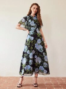 MOTF PREMIUM FLORAL PRINT FRILL MOCK NECK FLUTTER SLEEVE DRESS - Multicolor - View 6