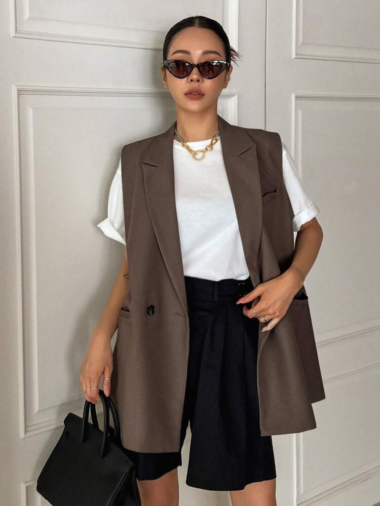 Women's Solid Color Sleeveless Blazer For Daily Wear Business Attire