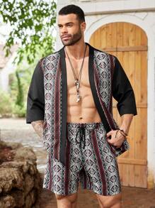 ResortEase 男士加大碼復古假日休閒印花襯衫和短褲套裝 - 彩色 - 查看 5