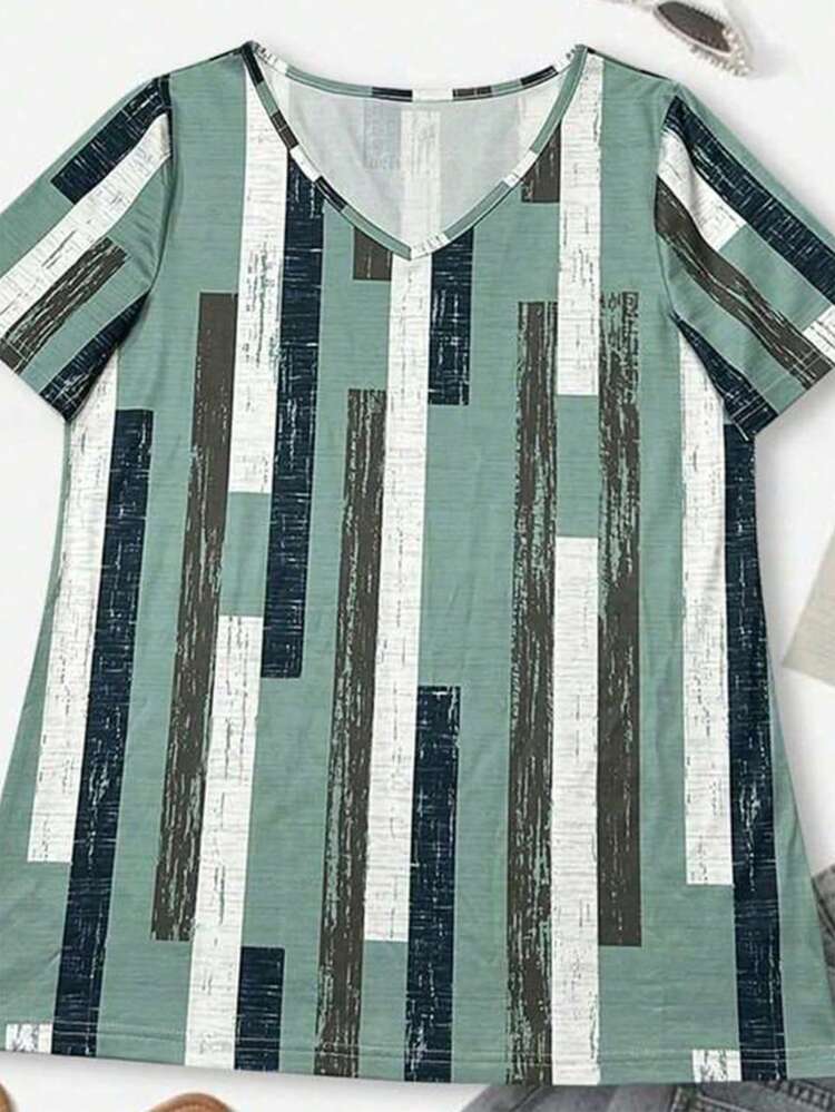 Women Full-Print V-Neck Short-Sleeved T-Shirt For Summer