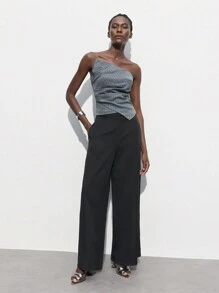 Maija 1 件女士灰色条纹面料褶皱不对称裹身吊带背心，春夏 - 灰色 - 查看 2