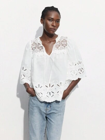 Maija Floral Collar Tie Casual Elegant Campus Blouse, Suitable For Independence Day, Graduation Season, Spring/Summer, Vacation, Beach, Everyday Wear