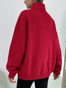 SHEIN PETITE Women's Letter Printed Zipper Half Placket Drop Shoulder Sweatshirt - Burgundy - View 2