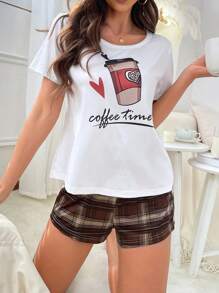 Coffee Cup & Checkered Pattern Women's Pajama Set - Coffee Brown - View 5