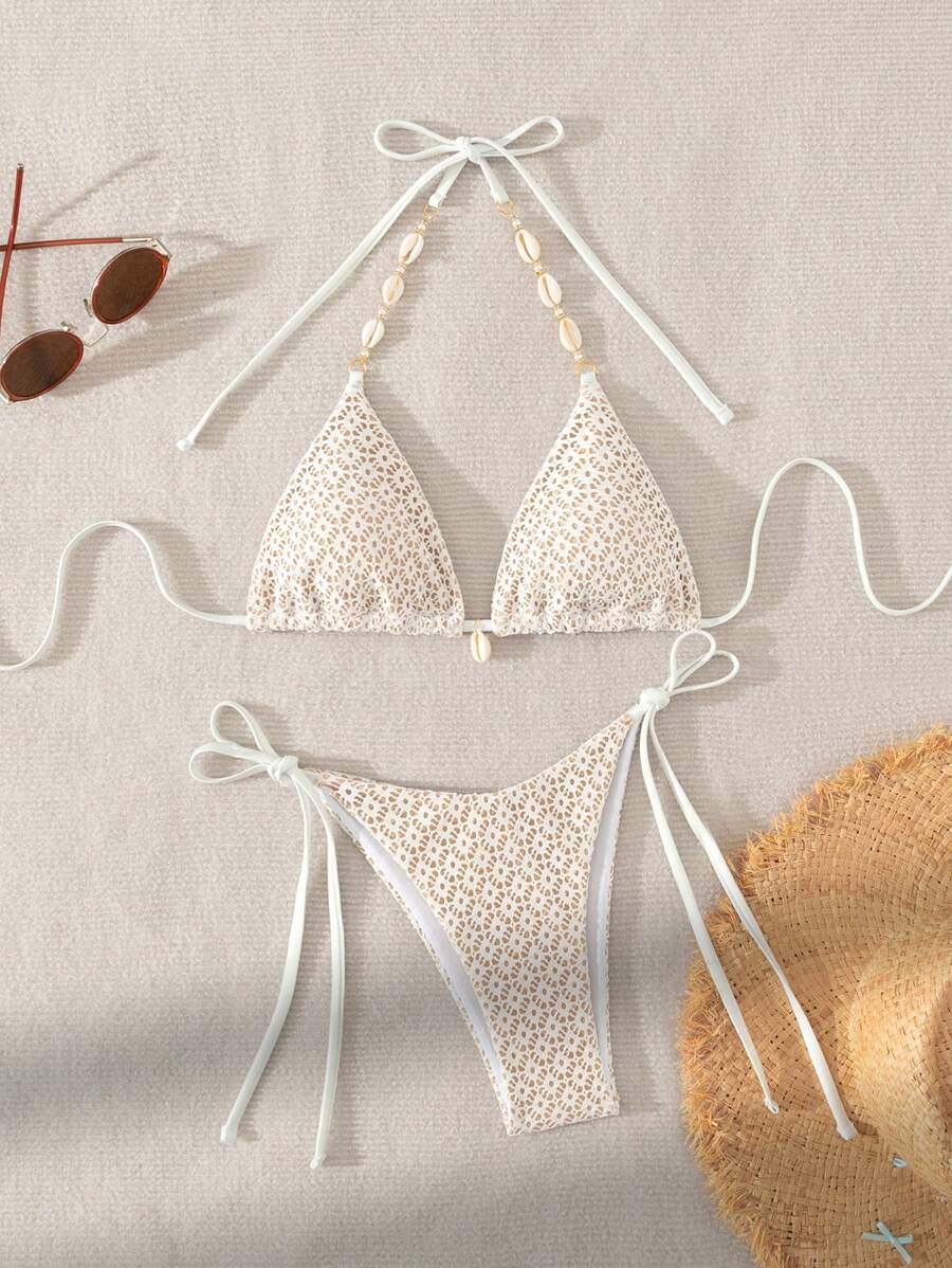 SHEIN Swim Ladies' Summer Beach Solid Color Hollow Out Halter Neck Bikini Set - Apricot - View 1