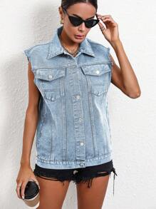 SHEIN Essnce Summer Casual Washed Wide Strap Sleeveless Denim Jacket - Blue - View 3