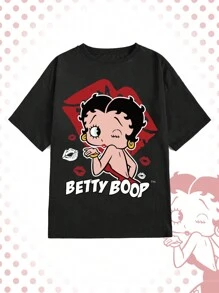 Betty Boop | ROMWE Casual Cartoon Character And Letter Printed Loose Oversized T-Shirt For Summer - Black - View 1