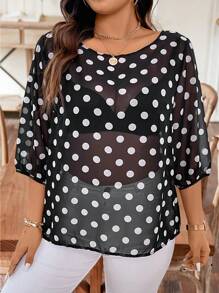 Celure Camisa casual de talla grande con lunares y estampados con decoración de lazo en la espalda, primavera/verano