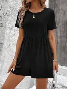 SHEIN LUNE 休閒圓領收腰黑色連體褲 - 黑色 - 查看 5