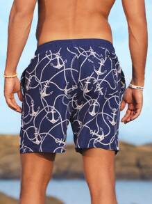 Manfinity RSRT Men's Drawstring Waist Loose Beach Shorts With Chain Print, Summer Vacation Style - Blue - View 2
