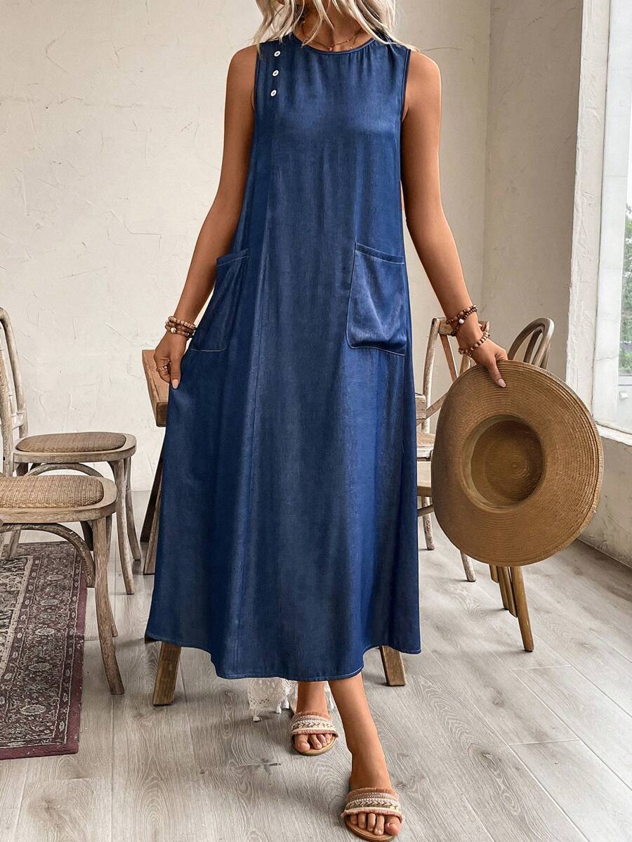 SHEIN LUNE Đầm chữ A không tay cổ tròn có nút trang trí và túi lớn - Màu xanh lam - Xem 1
