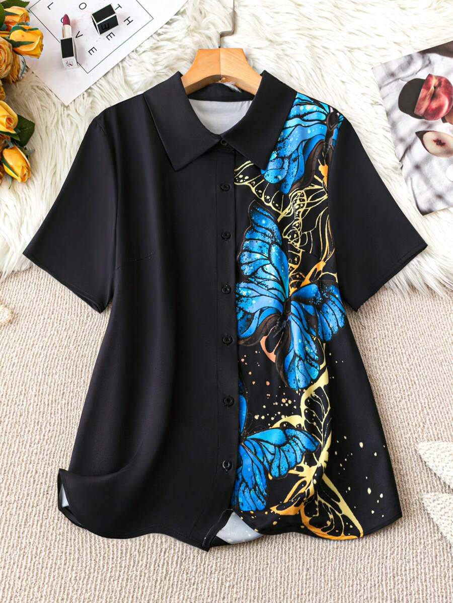 Mulvari Áo sơ mi tay ngắn in họa tiết bướm thời trang mùa hè cỡ lớn - Nhiều màu - Xem 1