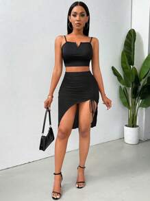 VaVaBold Summer Solid Color Drawstring Split Bodycon Skirt