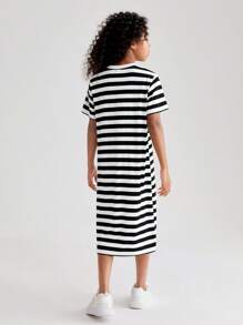 SHEIN Tween Girl Spring/Summer Striped Knit Round Neck Slit Casual Dress - Black and White - View 2