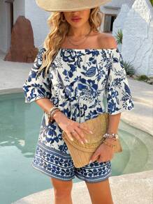 INAWLY Damen Blumenmuster Off-Shoulder Jumpsuit für den lässigen Urlaub