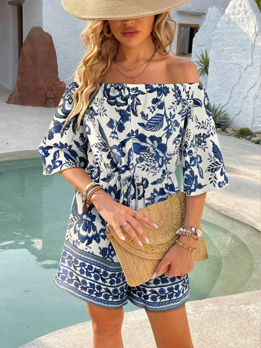 INAWLY Damen Blumenmuster Off-Shoulder Jumpsuit für den lässigen Urlaub