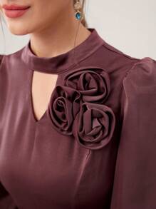 Modelyn Damesfeestjurk met sleutelgathals, lantaarnmouwen en 3D-bloemdecor