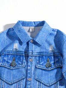Tween Boy Casual Denim Effect Printed Turn-Down Collar Short Sleeve Shirt And Shorts Woven 2pcs Outfit Set