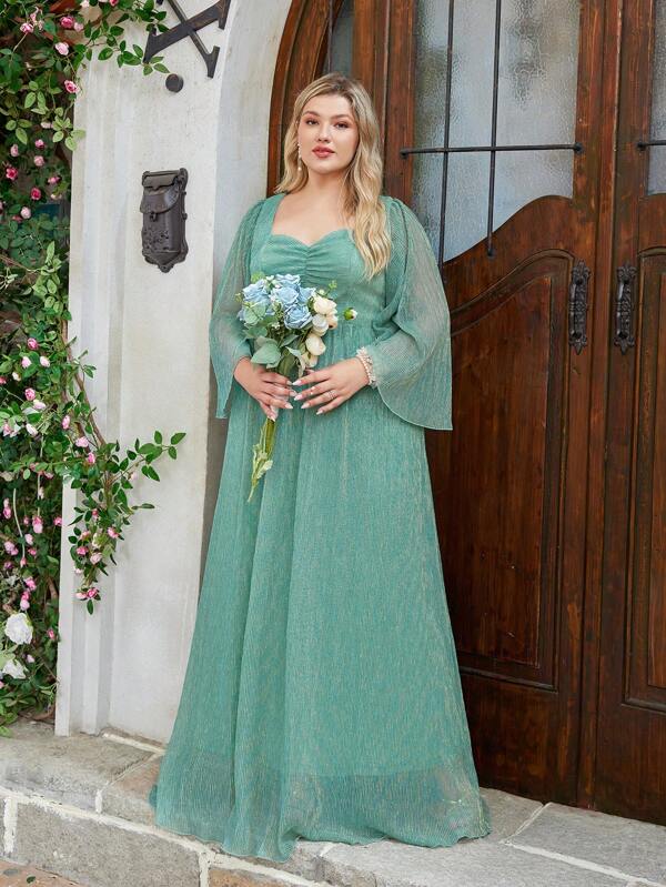 SHEIN Belle Plus Size Green Ruched Cape Sleeve Bridesmaid Dress With Metallic Thread, 3/4 Length