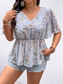 SHEIN Clasi Plus Size V-Neck Ditsy Floral Ruffle Sleeve Summer Vacation Shirt - Multicolor - View 6