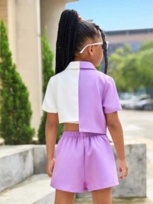 SHEIN Young Girl Asymmetrical Hem Top With Woven Contrast Color And Loose Shorts Set - Purple - View 2