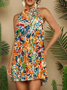 Travachic Women's Summer Vacation Plant Printed Short Casual Halterneck Dress - Multicolor - View 1