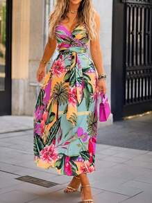 SHEIN LUNE Women Tropical Floral Spaghetti Strap Belted Waist Tie Dress Maxi Women Outfit - Multicolor - View 1