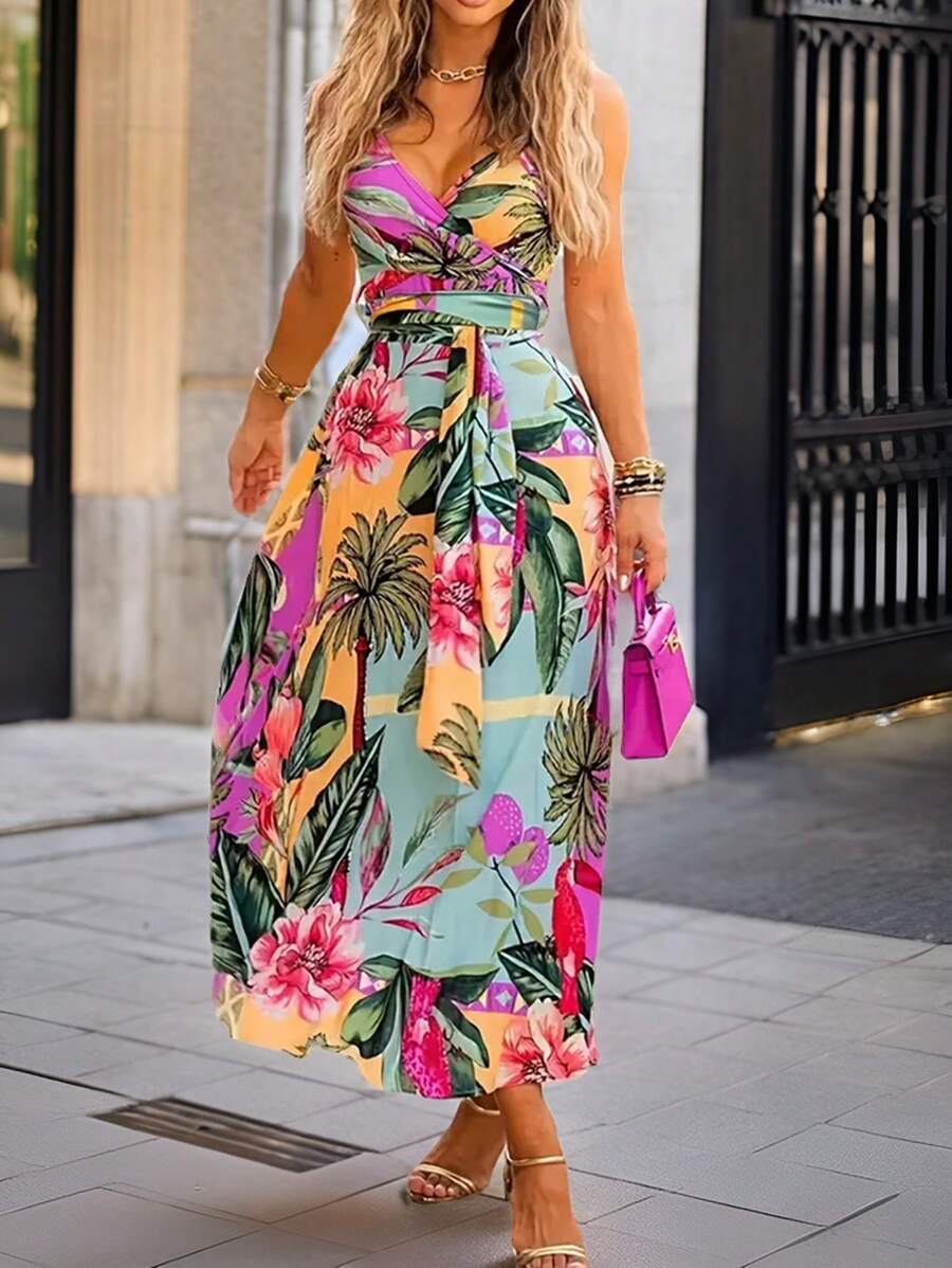 SHEIN LUNE Women Tropical Floral Spaghetti Strap Belted Waist Tie Dress Maxi Women Outfit - Multicolor - View 1
