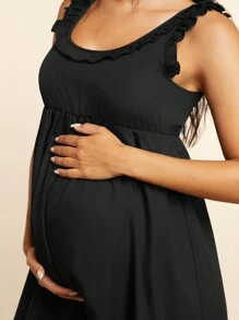 SHEIN 孕妇优雅荷叶边圆领中长款合身编织孕妇连衣裙，休闲家居服 - 黑色 - 查看 4