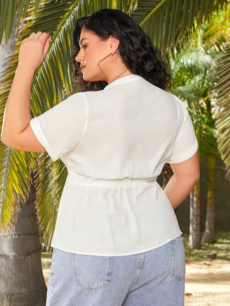 Plus Size White Summer Silky Smart Casual Shirt,Short Sleeve Drawstring Waist Vacation Holiday Top,Suitable For Date Night&Beach,Flatter The Figure